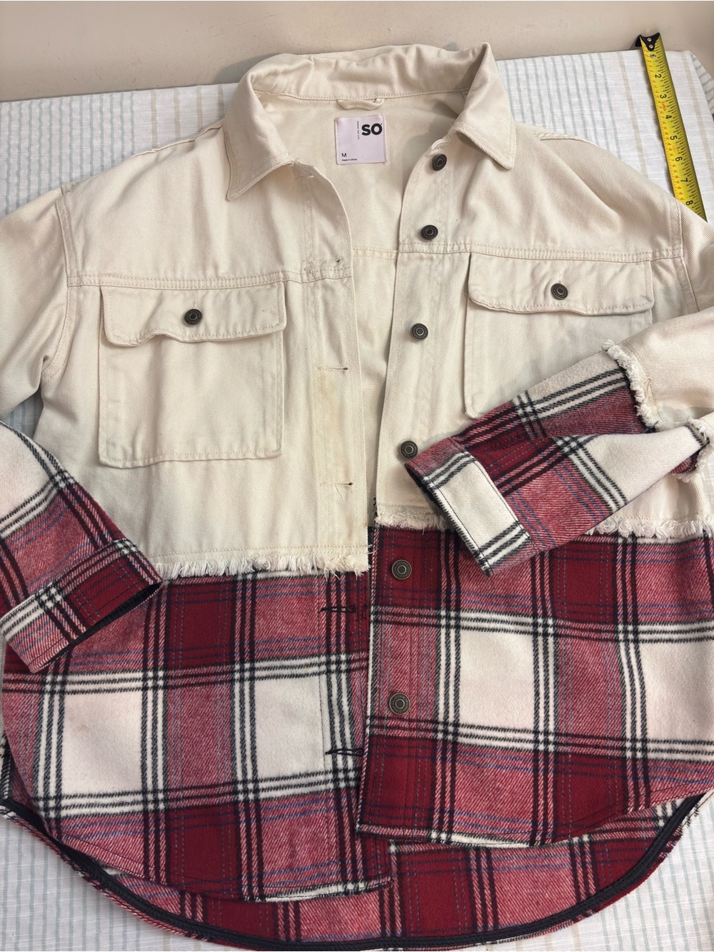 SO Cream and Red Plaid Cropped Shacket Jacket - Picture 4 of 7